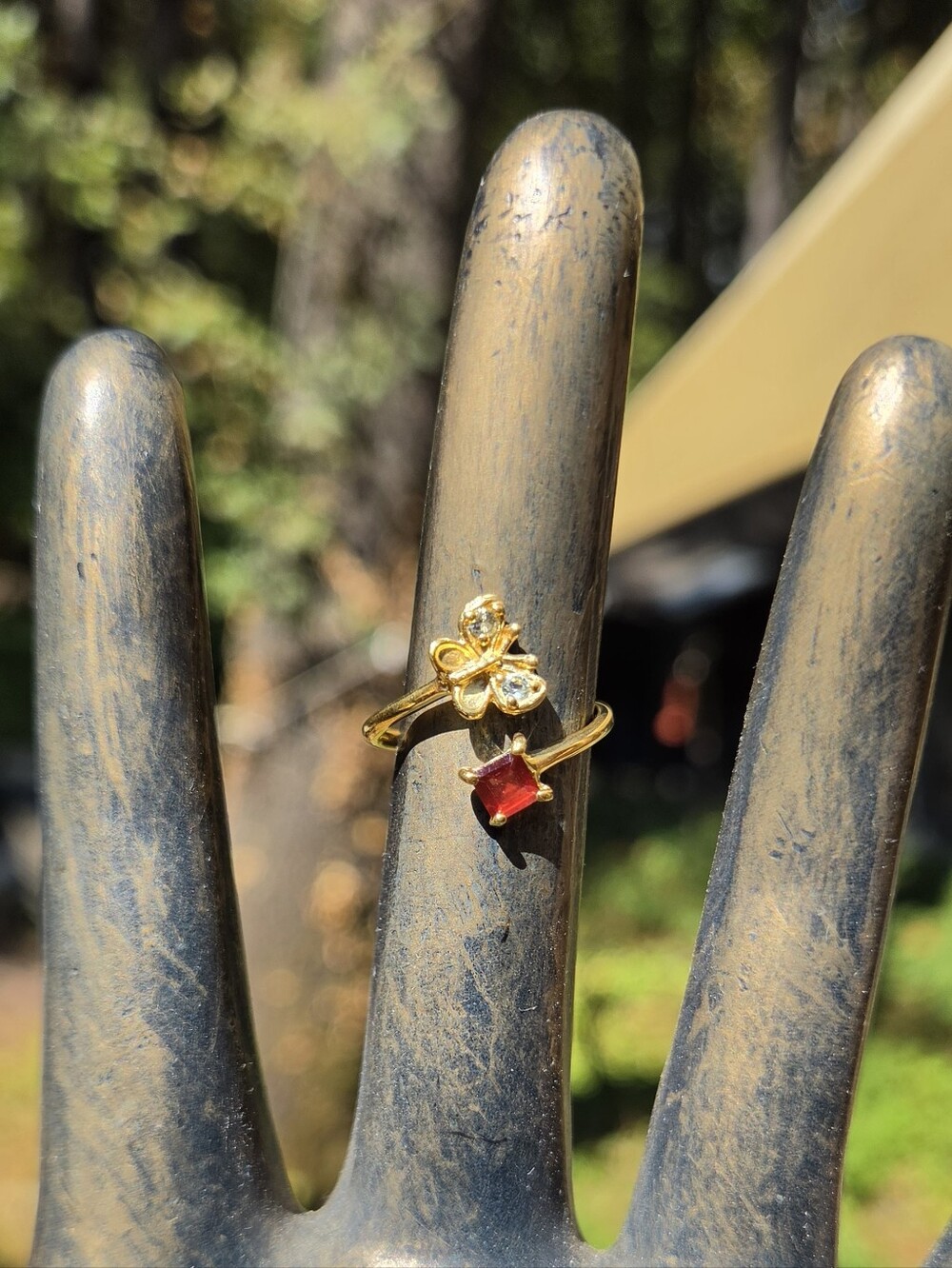 Garnet & Topaz Natural Gemstone Butterfly Sterling & Gold Ring Sz6.5 Adjustable - Picture 4 of 8